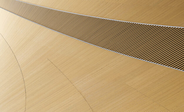 Close-up of a curved architectural surface with a pattern of parallel black lines on a tan background, intersected by a broad, diagonal band of tightly spaced lines, creating an abstract, geometric design.