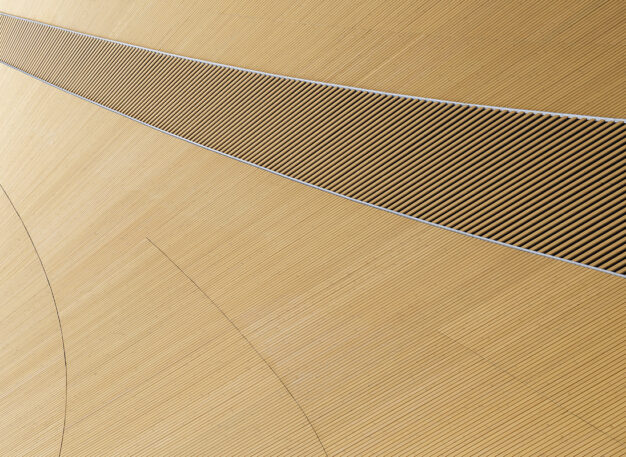 Close-up of a curved architectural surface with a pattern of parallel black lines on a tan background, intersected by a broad, diagonal band of tightly spaced lines, creating an abstract, geometric design.