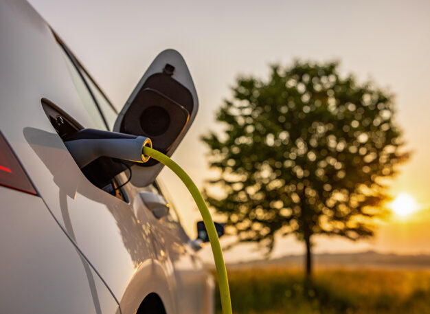 A white electric car is charging with a yellow cable at sunset in a grassy field, with a tree and the sun visible in the background.