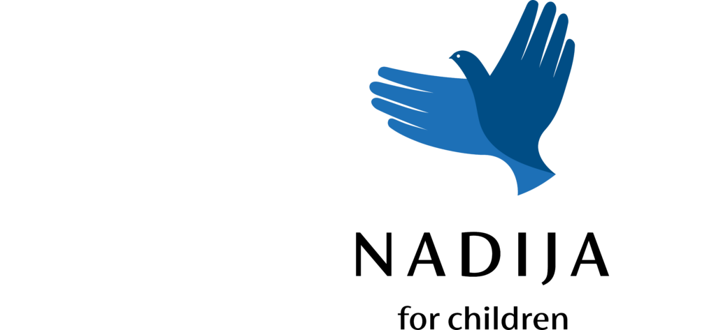 Logo with a blue dove formed by overlapping hands, and the text NADIJA for children below the image, on a light background.