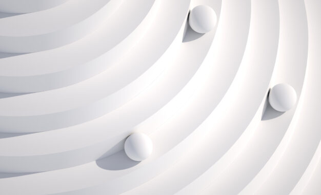 Abstract image featuring concentric, curved white ridges with three evenly spaced white spheres placed on top of the ridges, creating a minimalist and modern design. Soft shadows enhance the 3D effect.