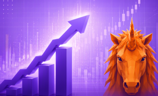 A digital illustration shows a rising bar graph and upward arrow on a purple background with chart lines, alongside the head of an orange, stylized horse.