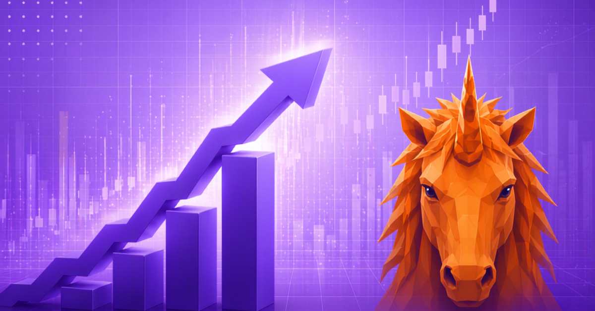 A digital illustration shows a rising bar graph and upward arrow on a purple background with chart lines, alongside the head of an orange, stylized horse.