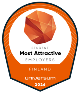 An orange and white badge with a geometric orange shape at the top, labeled Student Most Attractive Employers Finland, universum 2026.