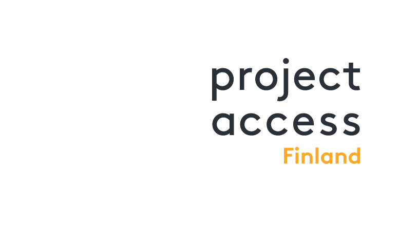 The image shows the text project access Finland on a light background. Project access is in black, lowercase letters, and Finland is in orange, also lowercase, below access.