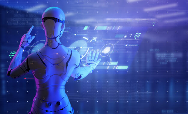 A humanoid robot interacts with a digital interface, touching virtual buttons on a futuristic blue screen filled with data and graphics.