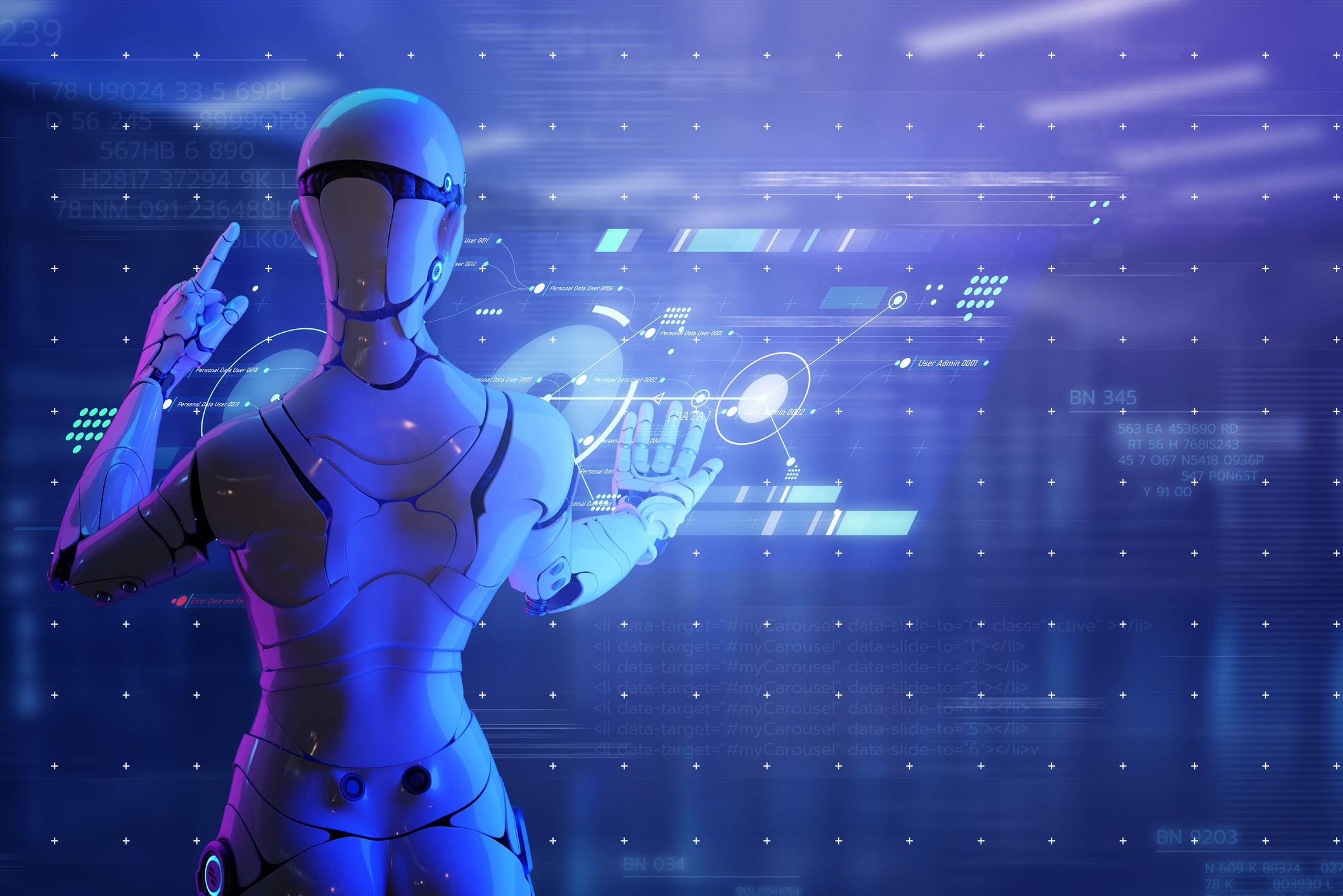 A humanoid robot interacts with a digital interface, touching virtual buttons on a futuristic blue screen filled with data and graphics.