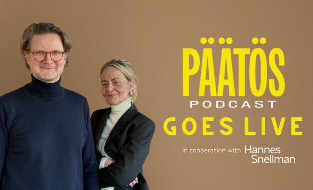 Two people stand smiling in business attire beside large yellow text that reads, Päätös Podcast Goes Live, with additional small text below: in cooperation with Hannes Snellman, on a plain brown background.