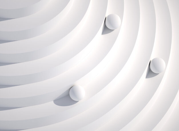 White concentric curved ridges with three evenly spaced white spheres casting soft shadows, creating a minimalist abstract pattern with gentle lighting and smooth textures.