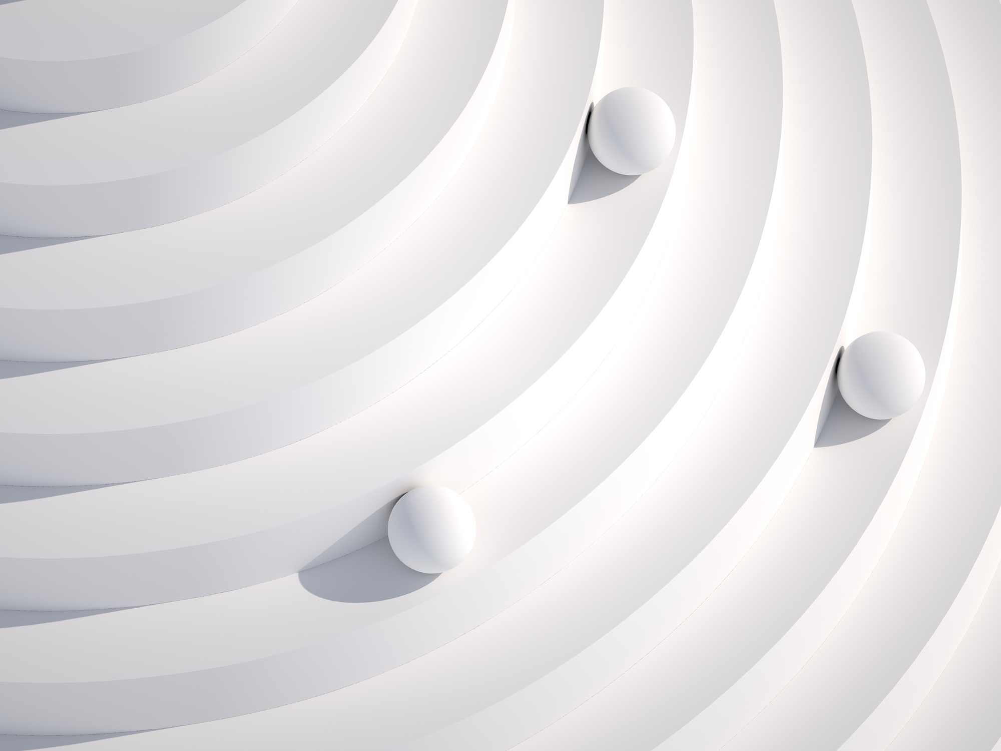 White concentric curved ridges with three evenly spaced white spheres casting soft shadows, creating a minimalist abstract pattern with gentle lighting and smooth textures.