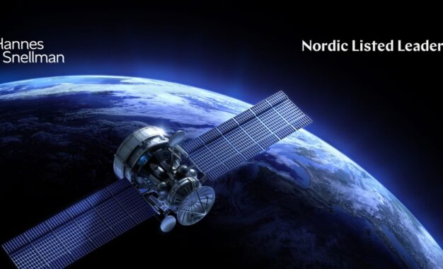 A satellite orbits above Earth with blue light on the horizon. The words Hannes Snellman and Nordic Listed Leaders appear in white text on the image.