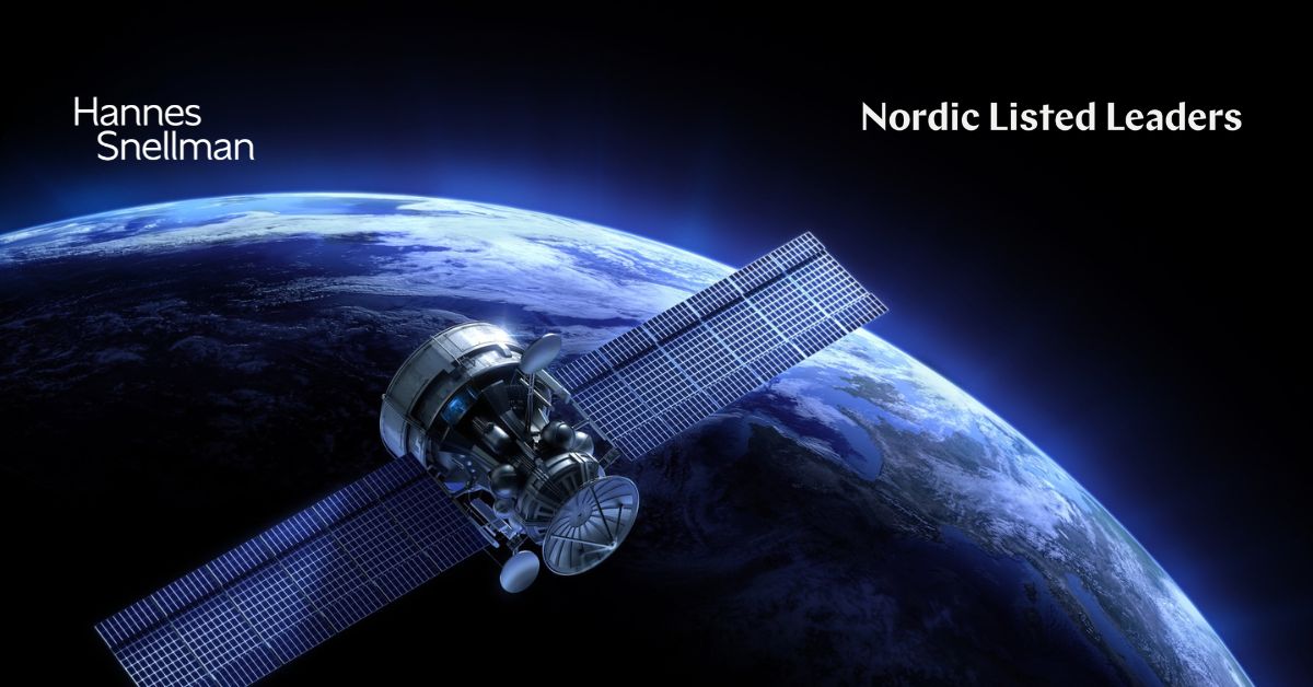 A satellite orbits above Earth with blue light on the horizon. The words Hannes Snellman and Nordic Listed Leaders appear in white text on the image.
