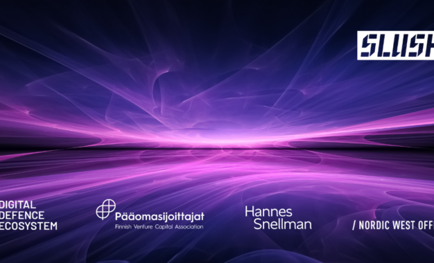 Abstract purple digital background with the SLUSH logo and four sponsor logos: Digital Defence Ecosystem, Finnish Venture Capital Association, Hannes Snellman, and Nordic West Office.