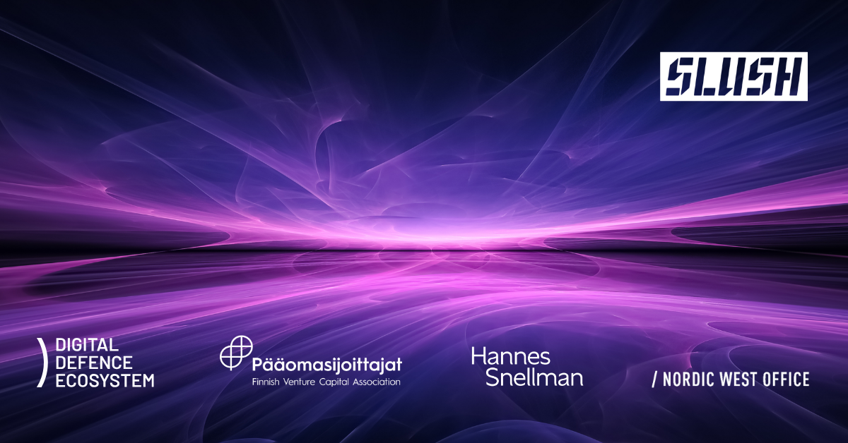 Abstract purple digital background with the SLUSH logo and four sponsor logos: Digital Defence Ecosystem, Finnish Venture Capital Association, Hannes Snellman, and Nordic West Office.